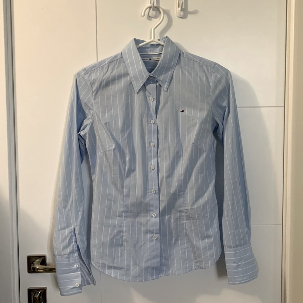 Light blue Tommy Hilfiger classic blouse with thin white stripes